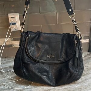 KATE SPADE BLACK PEBBLED LEATHER COBBLE Hill Devon Fold over shoulder bag chain